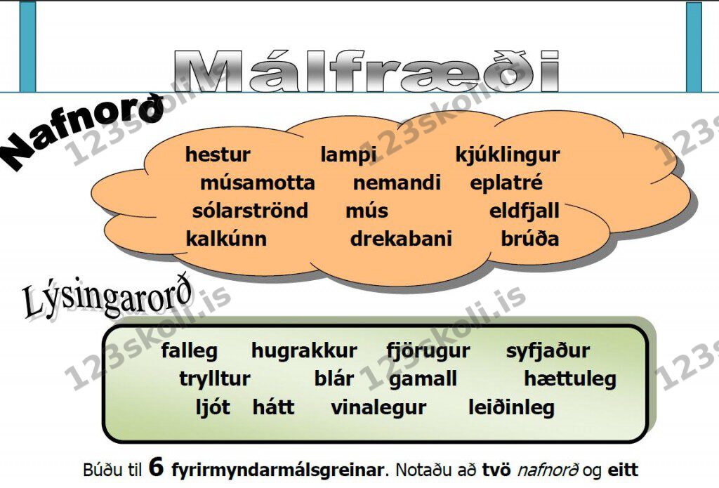 Forskoðunarmynd fyrir Fyrirmyndarmálsgreinar með nafnorðum og lýsingarorðum