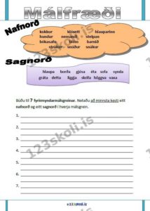 Forskoðunarmynd fyrir Fyrirmyndarmálsgreinar með nafnorðum og sagnorðum.