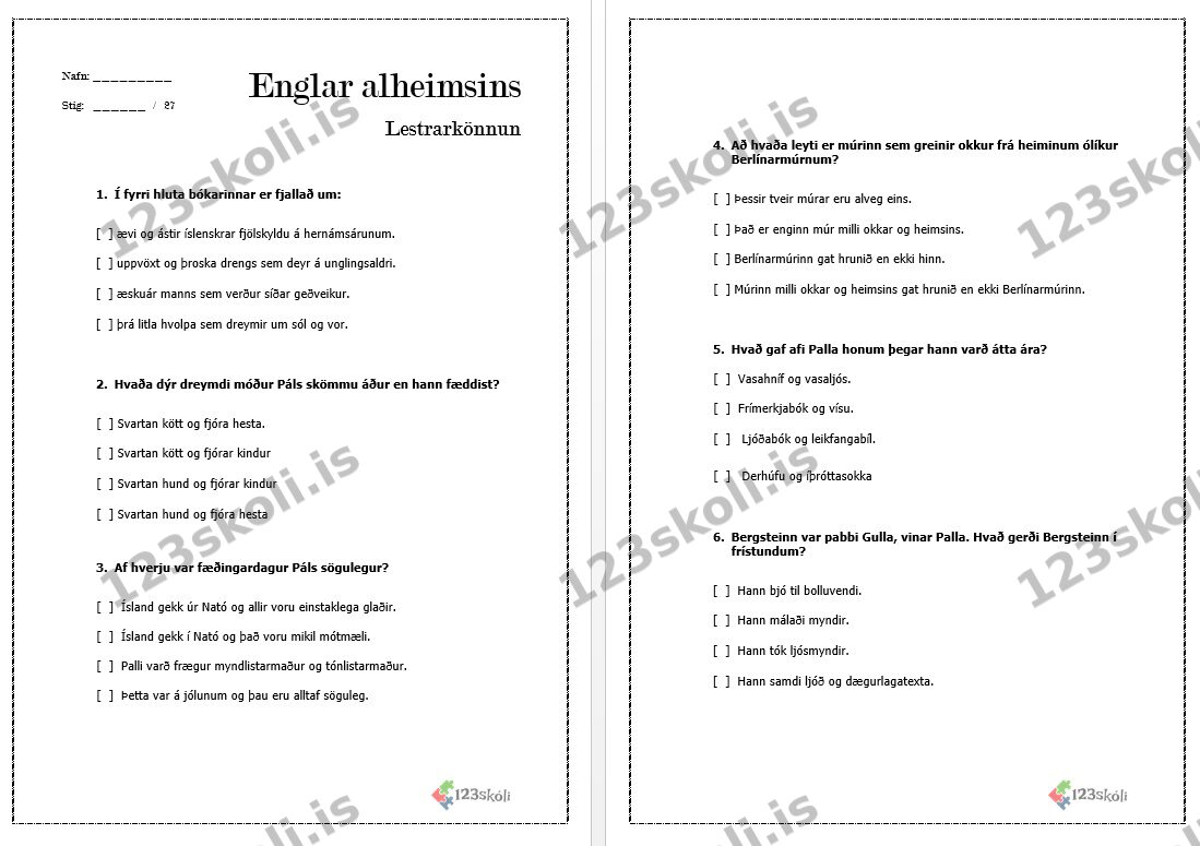 Englar alheimsins – Lestrarkönnun 1