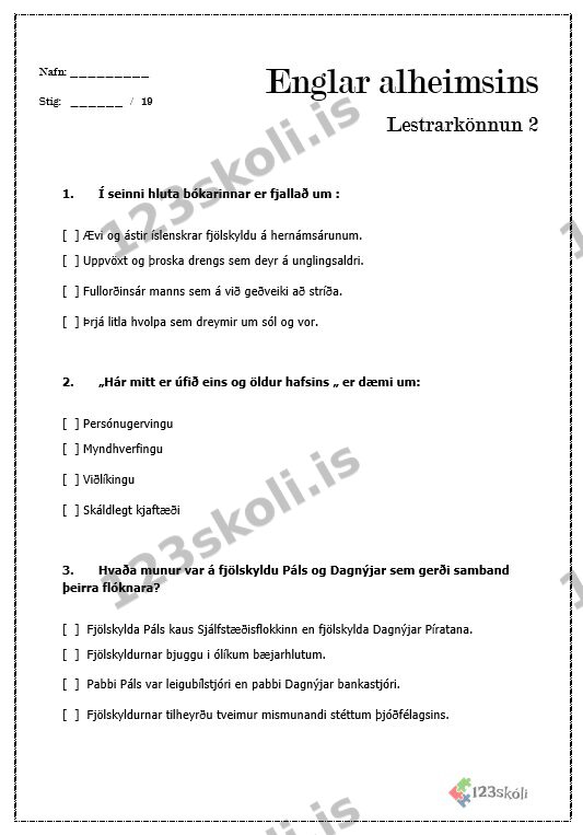 Forskoðunarmynd fyrir Englar alheimsins – Lestrarkönnun úr seinni hluta.