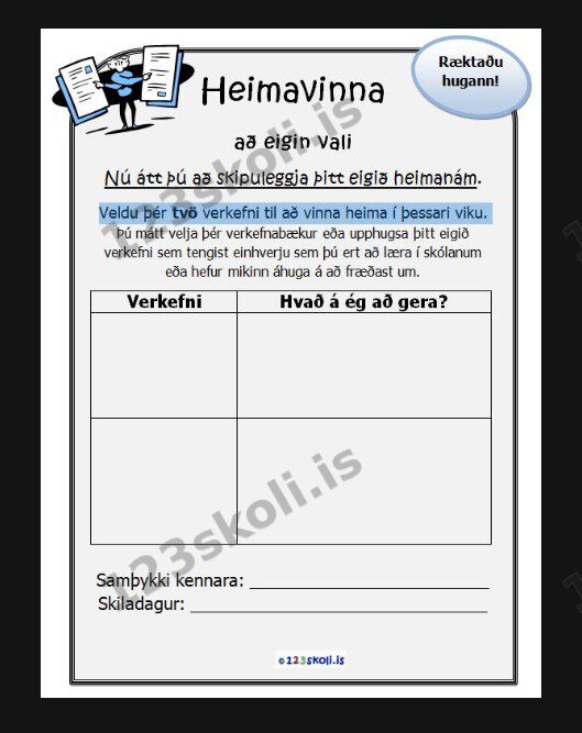 Forskoðunarmynd fyrir Heimavinna að eigin vali
