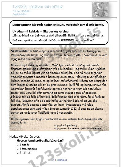 Forskoðunarmynd fyrir Lesskilningsverkefni – Móðuharðindin