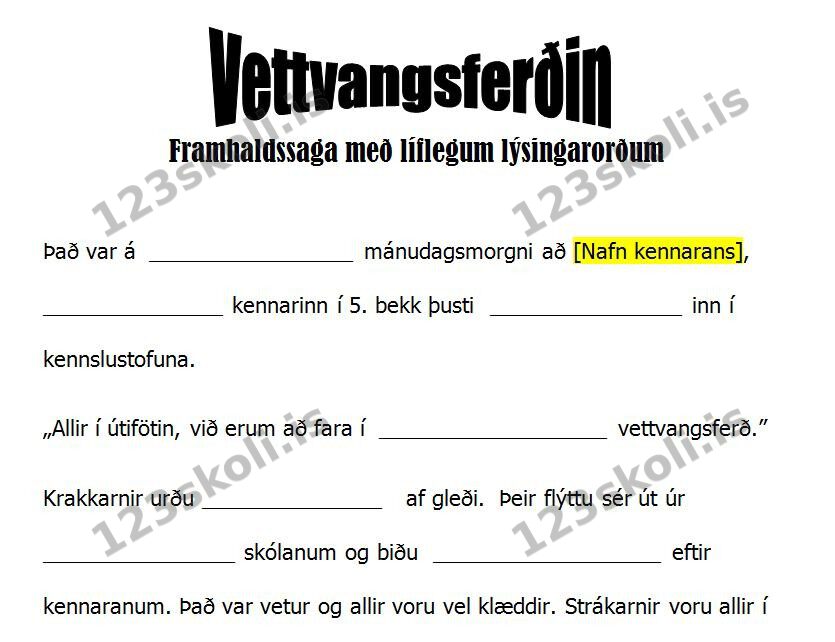 Forskoðunarmynd fyrir Lífleg lýsingarorðasaga fyrir 5. bekk