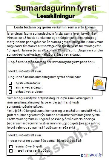 Forskoðunarmynd fyrir Sumardagurinn fyrsti – Lesskilningur
